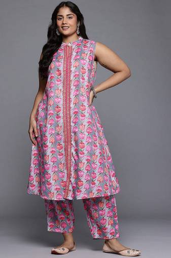 Grey printed cotton blend kurta sets
