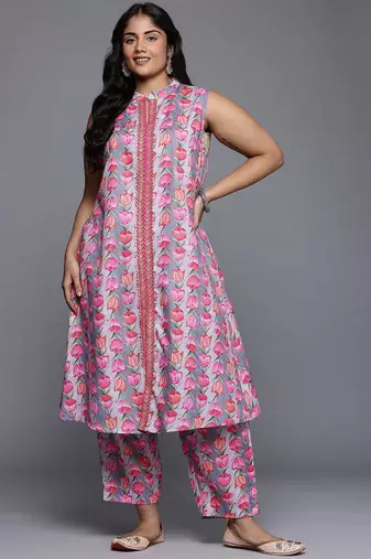 Grey printed cotton blend kurta sets