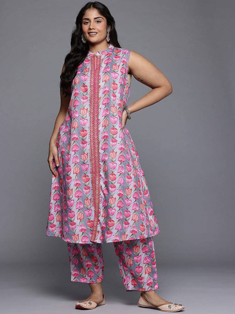 Grey printed cotton blend kurta sets