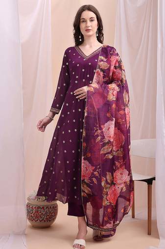 Purple printed poly georgette kurta sets