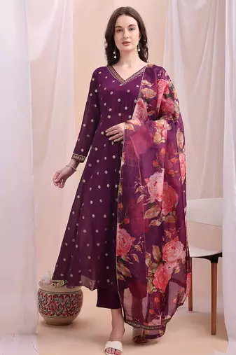 Purple printed poly georgette kurta sets