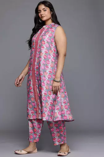 Grey printed cotton blend kurta sets