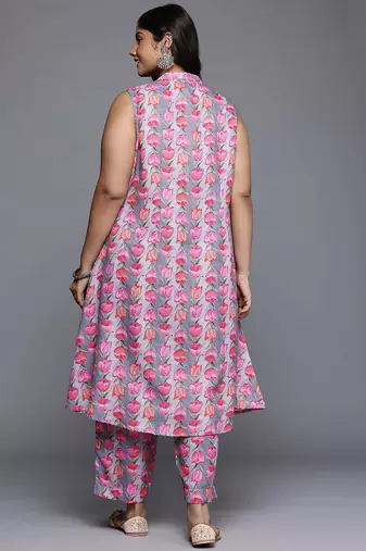 Grey printed cotton blend kurta sets