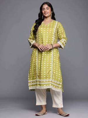 Olive printed cotton blend long kurtis 1