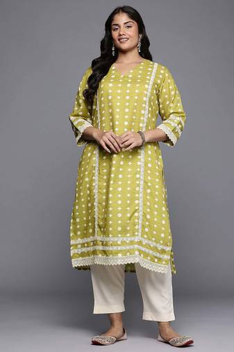 Olive printed cotton blend long kurtis
