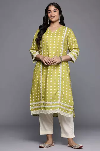 Olive printed cotton blend long kurtis