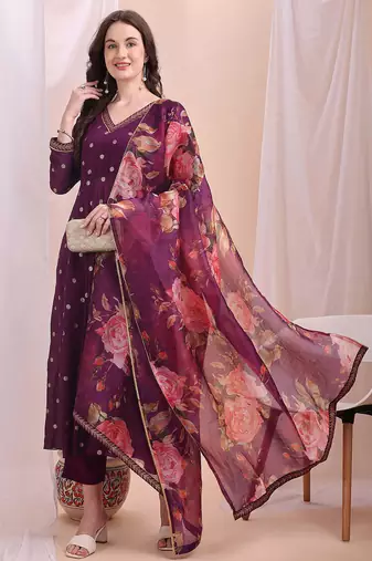 Purple printed poly georgette kurta sets