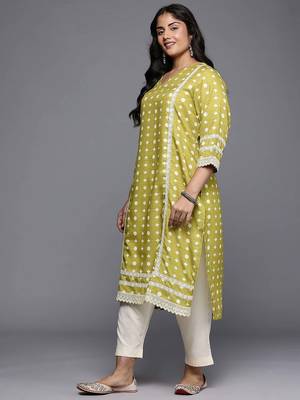 Olive printed cotton blend long kurtis 3