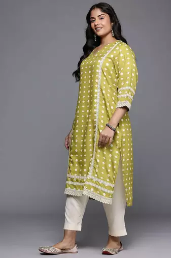 Olive printed cotton blend long kurtis