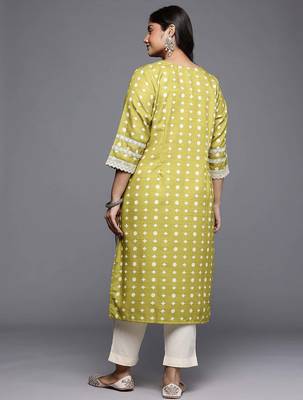 Olive printed cotton blend long kurtis 4