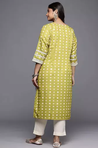 Olive printed cotton blend long kurtis