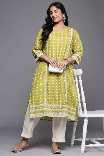 Olive printed cotton blend long kurtis