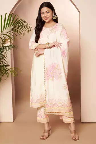 Orange printed silk blend kurta sets