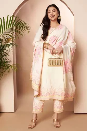 Orange printed silk blend kurta sets