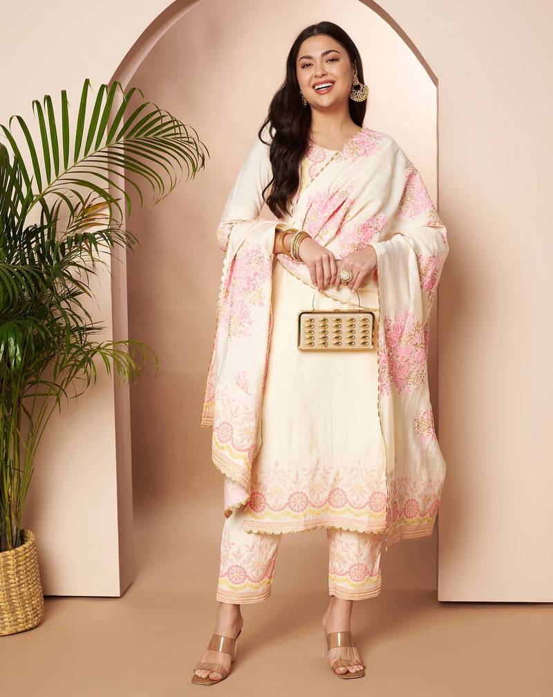 Orange printed silk blend kurta sets