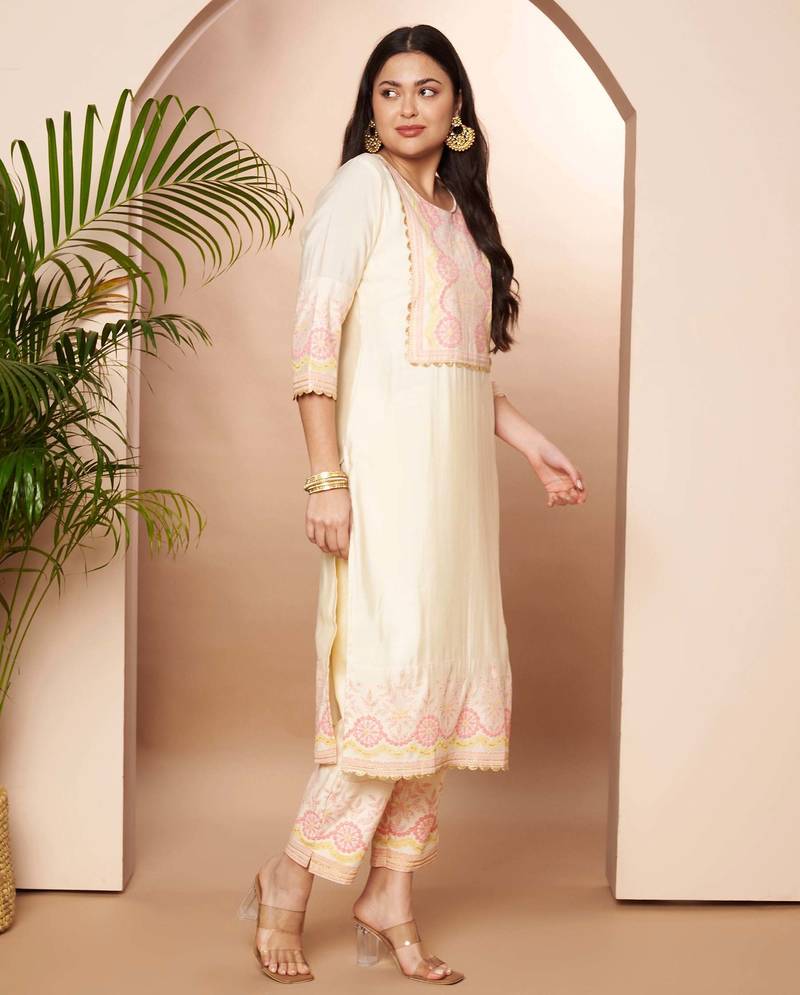 Orange printed silk blend kurta sets