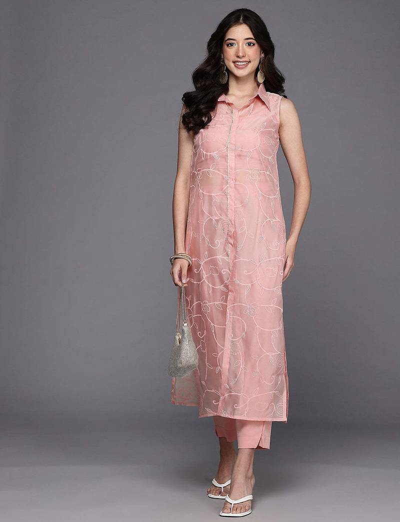 Pink printed organza kurta sets