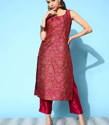 Wine embroidered art silk long kurtis