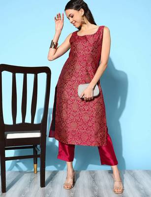 Wine embroidered art silk long kurtis 1
