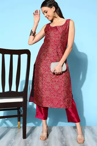 Wine embroidered art silk long kurtis