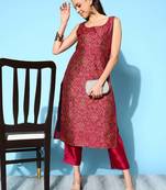 Wine embroidered art silk long kurtis