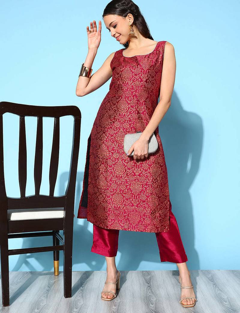 Wine embroidered art silk long kurtis