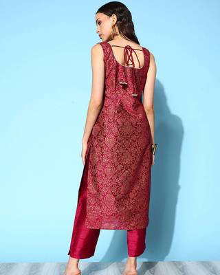 Wine embroidered art silk long kurtis 4