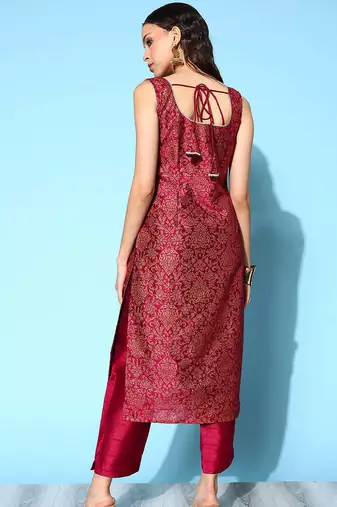 Wine embroidered art silk long kurtis