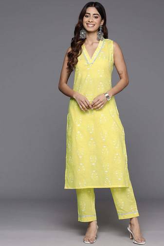 Yellow printed pure cotton kurta sets