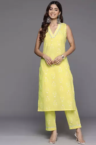 Yellow printed pure cotton kurta sets