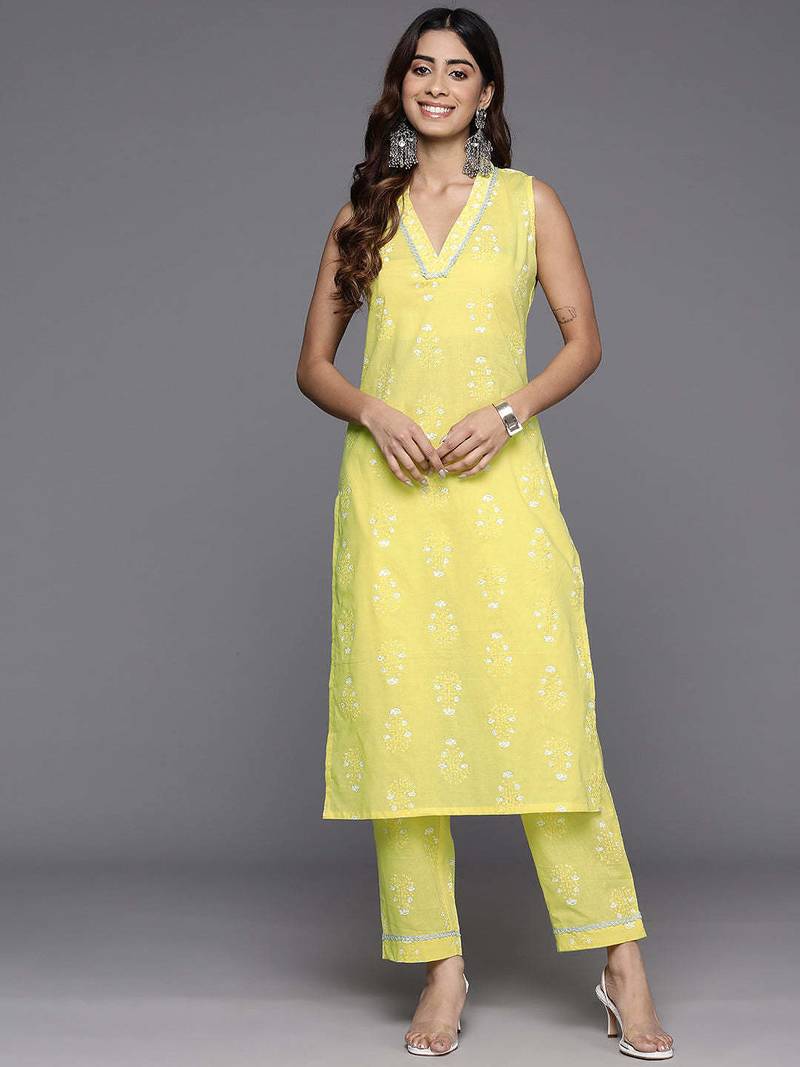 Yellow printed pure cotton kurta sets