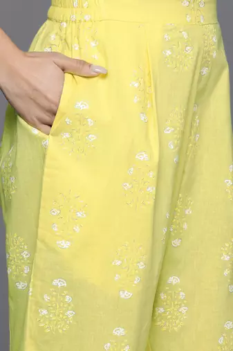 Yellow printed pure cotton kurta sets