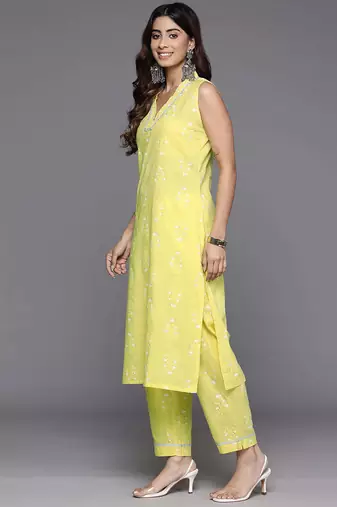 Yellow printed pure cotton kurta sets