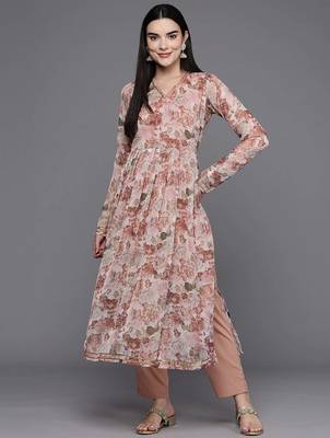 Brown printed poly chiffon kurta sets 1