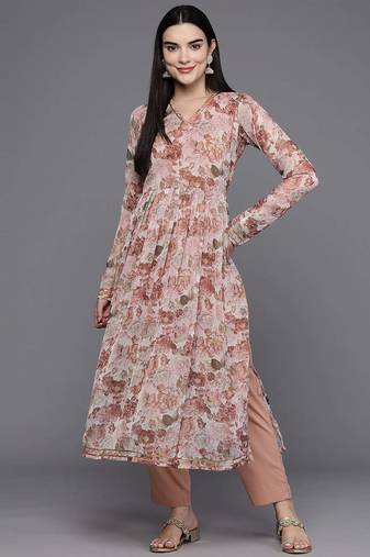 Brown printed poly chiffon kurta sets