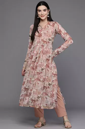 Brown printed poly chiffon kurta sets