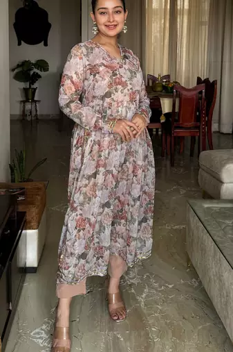 Brown printed poly chiffon kurta sets