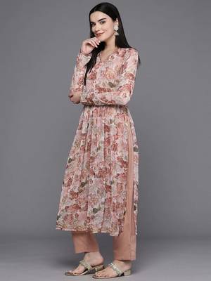 Brown printed poly chiffon kurta sets 5