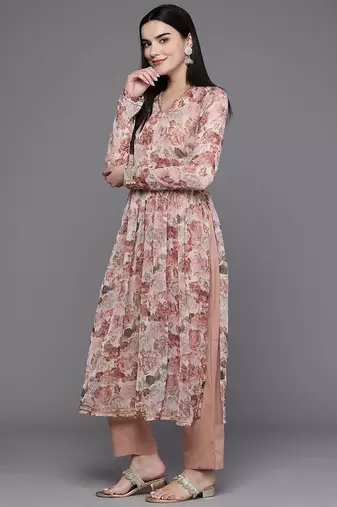 Brown printed poly chiffon kurta sets