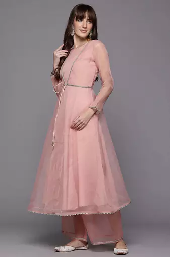Pink printed organza kurta sets