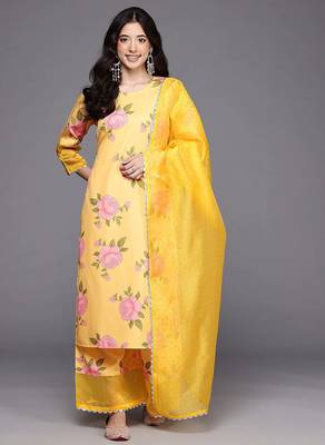 Yellow printed poly crepe kurta sets 1