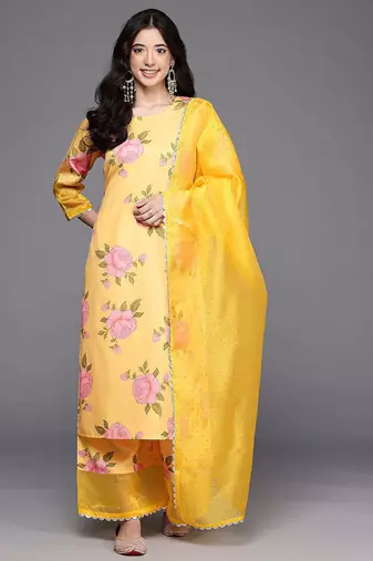 Yellow printed poly crepe kurta sets