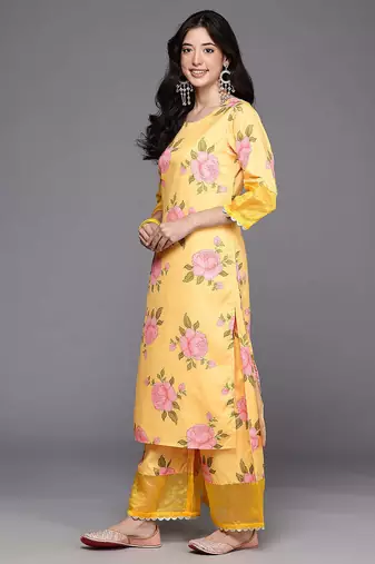 Yellow printed poly crepe kurta sets