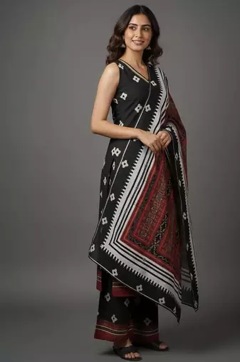 Black printed silk crepe kurta sets