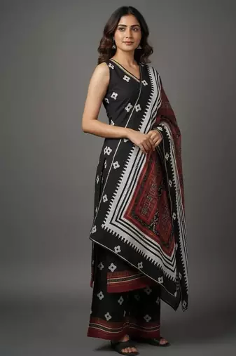 Black printed silk crepe kurta sets