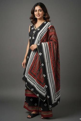 Black printed silk crepe kurta sets