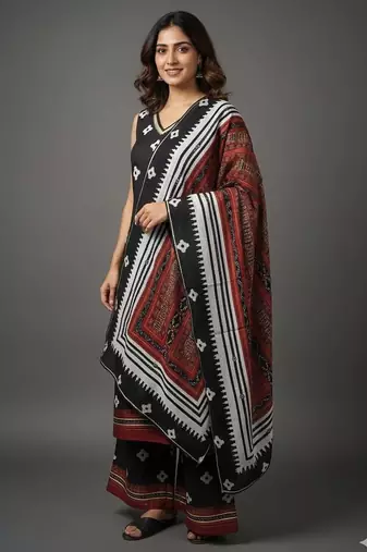 Black printed silk crepe kurta sets