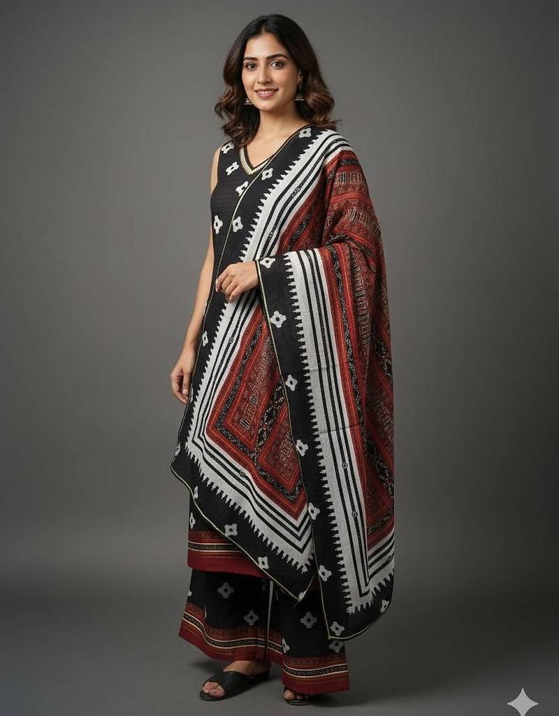 Black printed silk crepe kurta sets