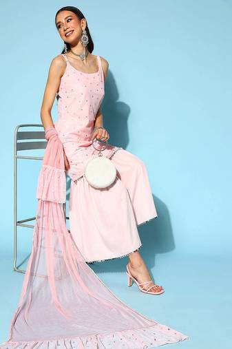 Pink printed poly crepe kurta sets