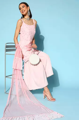 Pink printed poly crepe kurta sets